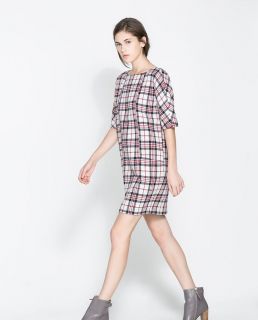 Womens European Fashion Crewneck Grid Print Short Sleeve Mini Dress B4009