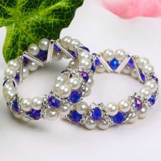 7" White Round Dark Blue Crystal Faceted Beads Bracelet