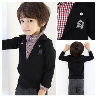 Kids Boy Cool Fake Two Piece Long Sleeve Pullover Baby Plaid Collar Cotton Tops