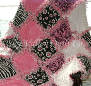 Baby or Girl Rag Quilt Mod Hot Pink and Black Flowers Zebra Stripes Cotton