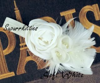 White Ivory Rosette Baby Flower Feather Headband Baptism Christening Photo Prop