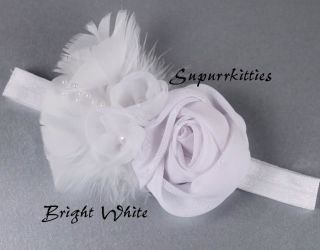 White Ivory Rosette Baby Flower Feather Headband Baptism Christening Photo Prop