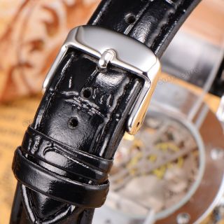 Hot Sale Black Leather White Analogue Hand Winding Mechanical Wristwatch Gift