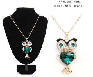 Fashion Blue Crystal Owls Heart Pendant Coat Sweater Costume Chain Necklace XM05