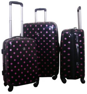 Black Pink Polka Dot 3 Piece Polycarbonate Luggage Set Free SHIP Lightweight