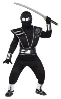 Boys Child Deluxe Silver Mirror Face Black Silver Ninja Costume Outfit