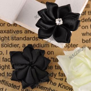 100pcs Satin Ribbon Black Flower with Crystal Bead Appliques AF7100 Free SHIP