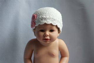 Cute Gorgeous Newborn Baby Child Knit Hat Beanie White Hat Pink Flower 0 6month