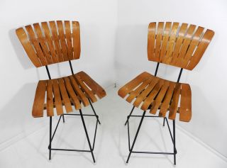 Set of Two Mid Century Modern Arthur Umanoff Swivel Slat Bar Stools Vtg Chairs