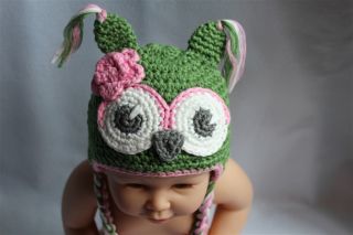 Cute Gorgeous Baby Toddler Owl Hat Beanie New Green Pink Flower Newborn to 3Year