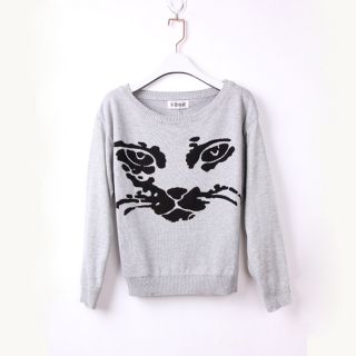 New Womens European Fashion Crew Neck Cute Cat Face Knit Sweater 3 Colors E264