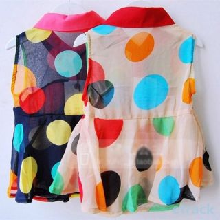 Kids Girls Lapel Collar Sleeveless Chiffon Tops Colorful Polka Dot T Shirts 2 7Y