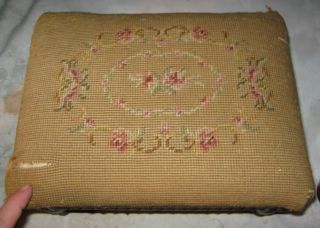 Antique Primitive Needlepoint Art Wood Chair Country Sofa Farm Stool Bench Tool