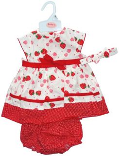 Baby Girls White Red Strawberry Dress Knickers Headband Outfit Set Clothes