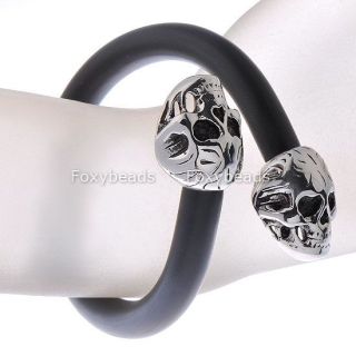 New Men's 316L Stainless Steel Skull Black PU Rubber Wire Heavy Cuff Bracelet