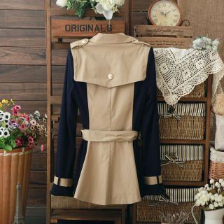 New Womens European Fashion Splice Color Double Breasted Belt Trench Coat B941