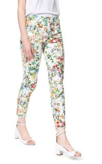 New Womens European Fashion Green Flower Print Casual Slim Pencil Pants B2313