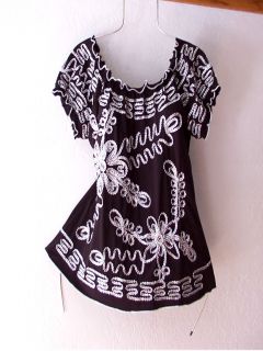 New Black White Embroidered Ribbon Boho Blouse Peasant Shirt Top 12 14 L Large