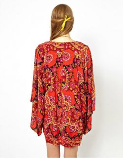 Womens Fashion Batwing Sleeve Crewneck Red Flower Print Loose Dress B4436