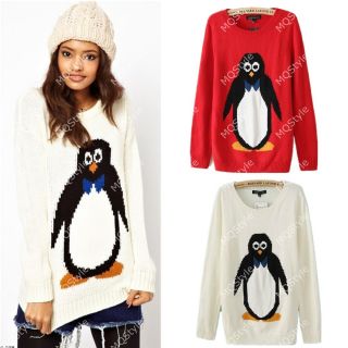 Womens Girls Fashion Crewneck Cute Penguin Knitted Long Sleeve Sweaters B2867