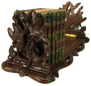 Antique Victorian Black Forest Carved 18 6" Book Rack Birds Egg Filled Nest