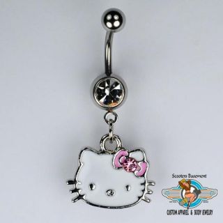 Hello Kitty Enamel and Pink Gemstone Dangle Belly Ring 14 Gauge Belly Bar B31