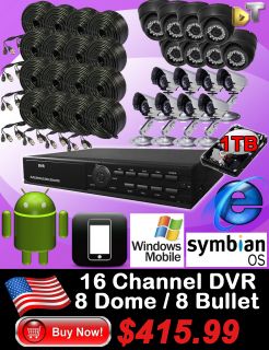 DNT 16CH Channel Home Video CCTV DVR Security System 16 White Dome Color Camera