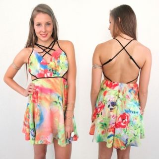 Rainbow Swirl Floral Prints Backless Criss Cross Back Skater Dress 6 8 10 12