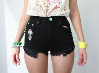 Festival Black Neon Green Spike Spiked Stud Denim Cut Off Shorts 7 8 10 12