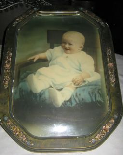 Antique Baby Child Flowers Convex Glass Wood Art Frame Photo Chair Blanket