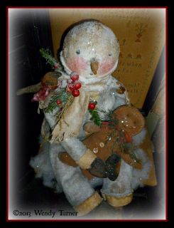 Primitive Large Full Body Christmas Snowman Doll with Crow and Gingerbread Man