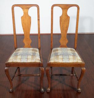 Antique English Solid Oak Queen Anne Dining Chairs Set 6 c1950 P06B