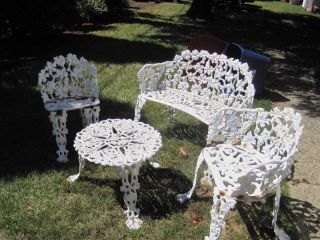 Vintage 4 PC Cast Iron Patio Lawn Set Table Chairs Loveseat Grape Leaf Pattern