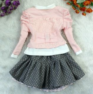 Pretty Baby Kids 3pcs Rose Bud Brooch Cardigan T Shirt Bow Skirt Girl Sets Suits