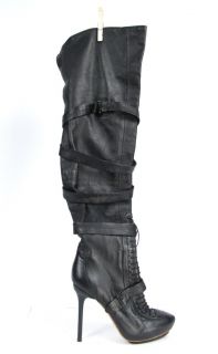 Lamb Glamette Black Leather Lace Up Buckle Thigh High OTK Boots 8 Gwen Stefani