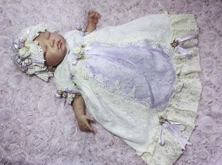 Beautiful English Lavender Lace Reborn Baby Gown Dress Hat