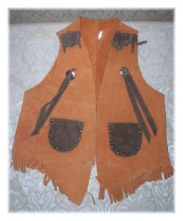 Vintage Childs Kids Western Cowboy Leather Vest Size L 10 12 Fringed