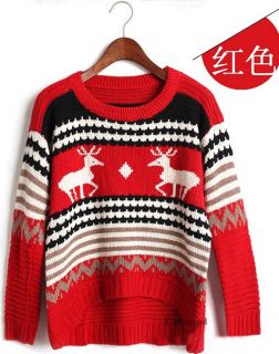 Christmas Deer Striped Knitted Casual Women Loose Pullover Sweater Outwear Tops