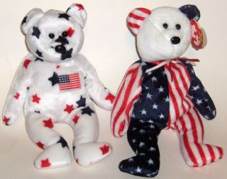 Ty Beanie Babies Bears Spangle Glory Two Red White Blue Bears