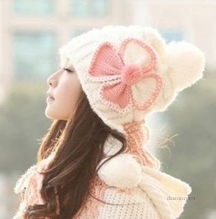 Women Fashion Warm Winter Large Flower Crochet Knit Beanie Ball Wool Ski Hat Cap