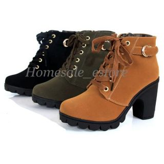 Women Girl High Top Heel Ankle Boots Winter Pumps Lace Up Buckle Suede Shoes New