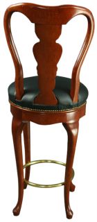 Pair Queen Anne New Bar Stools Mahogany Faux Leather Swivel Seats