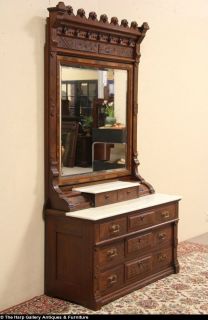 Victorian Eastlake Queen Size 1875 Bedroom Set Bed Marble Top Chest Mirror