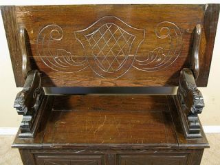 Antique English Solid Oak Carved Bench Seat Trunk Table c1940 M42
