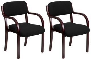 2 Black Fabric Mahogany Finish Wood Frame Guest Reception Room Office Chairs