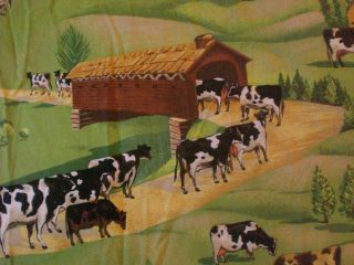 Dairy Farm Covered Bridge Church Black White Cow Cotton Fabric 46 x 36