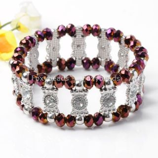 Purple Crystal Glass Rhinestone Bead Cuff Bracelet 7"L
