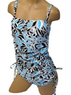 Lands End Turquoise Black Print Adjustable Tunic Tankini Top Womens 6 EXC