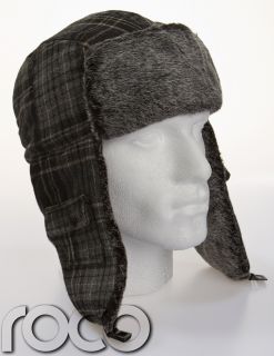 Mens Grey Checkered Chequered Pattern Trapper Hat Warm Russian Ski Winter Hat