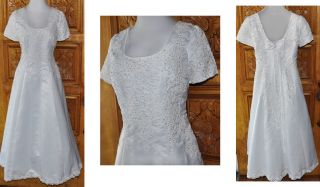 Alfred Angelo White Beaded Bodice Short Sleeve Wedding Gown Dress XL as Is